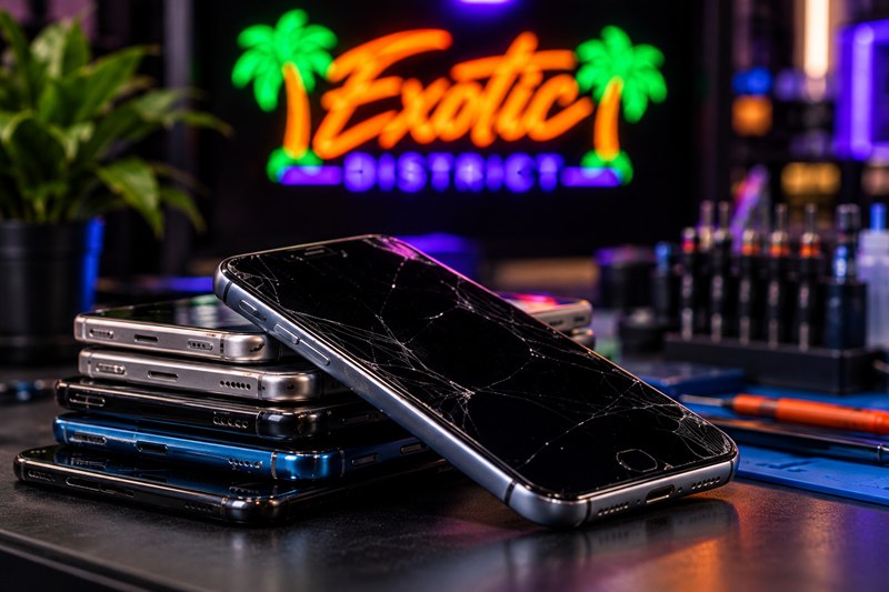 Illustrative image of used phones, one with a cracked screen.