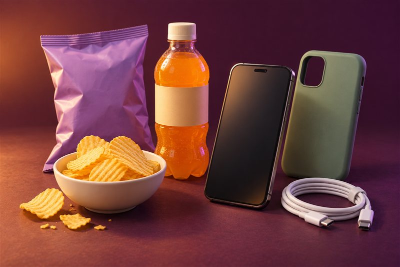 Illustration of snacks, soda and phone essentials.