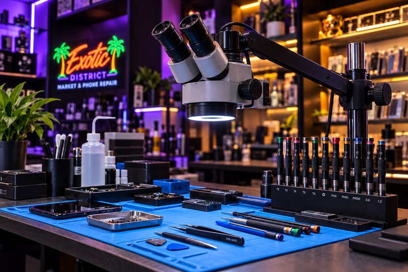 Illustrative image of a microscope and precision tools at a repair bench.