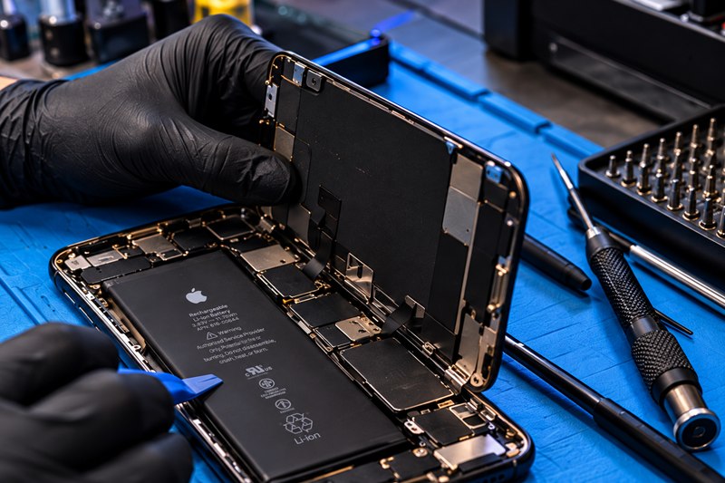 Illustrative close-up of a phone display lifted during a repair.