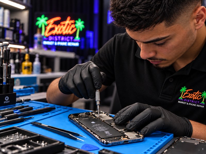 Illustrative scene: a technician working on a phone at a repair mat.